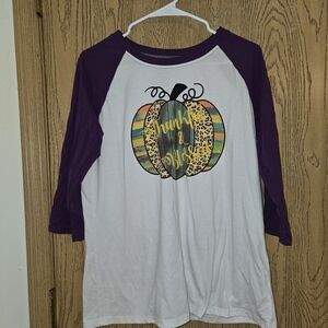 Purple and White Long Sleeve Tee with Pumpkin Design
